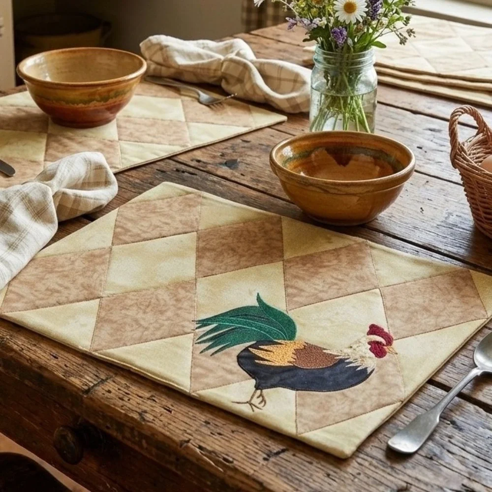 Midwestern Home Products Quilted Rooster Placemats Tan HarlequinI 8 Farmhouse